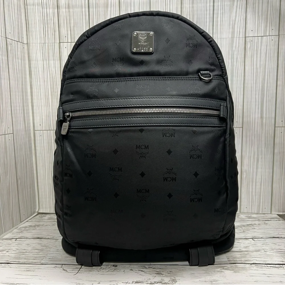 MCM Stark Backpack Black Nylon Logo Print Medium Unisex Designer Travel Bag